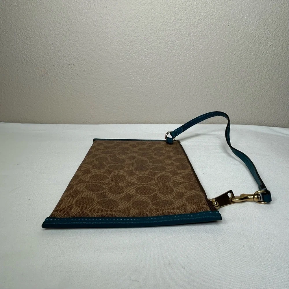 Coach Day Wristlet In Signature‎ Coated Canvas And Refined leather Teal Trim
